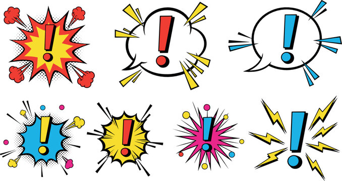 Comic style exclamation mark icons with speech bubbles, explosion bursts and lightning shapes colorful alert symbol illustration set