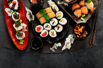Various types of sushi including nigiri and rolls. Asian food concept. © bit24