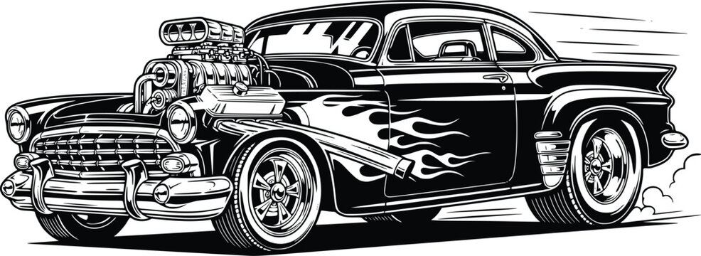 Vintage American Hot Rod Muscle Car with Supercharged Engine and Flame Graphics Hand Drawn Vector