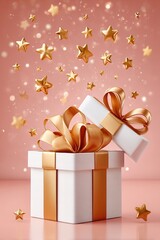 Obraz premium Elegant white gift box with golden ribbon and floating stars on a pink background