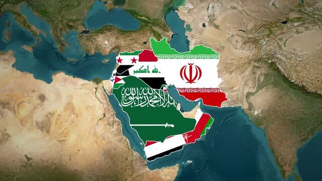 Middle East nations map overlaid with national flags indicating geopolitical movement footage