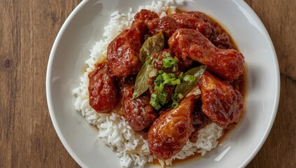 Fototapeta premium Philippine Adobo chicken with rice on a plate vertical view from above