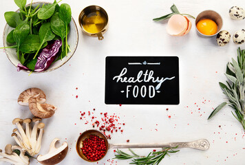 Vegetarian cooking ingredients with various organic vegetables. Healthy clean food.