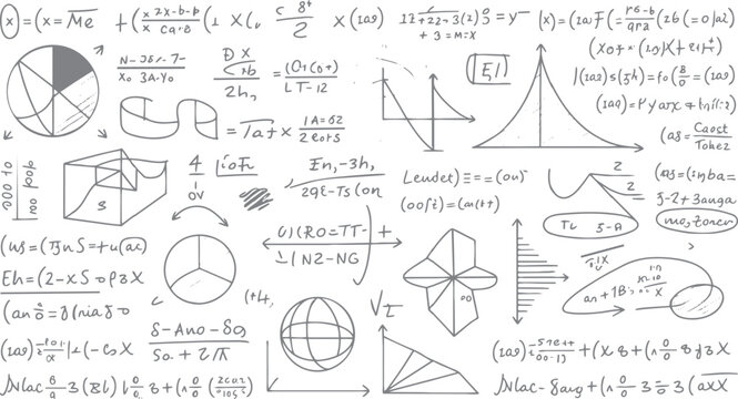 Hand drawn mathematical equations and geometric diagrams on a white background mathematics formula science