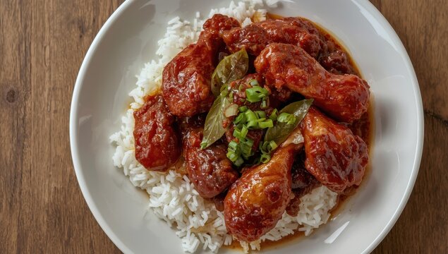 Philippine Adobo chicken with rice on a plate vertical view from above
