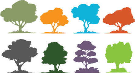 Eight stylized tree silhouettes in various colors including green orange blue red grey purple and lime © Pixel Park