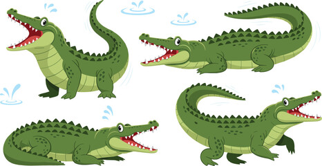 Fototapeta premium Cute Cartoon Crocodile Character Set Featuring Green Alligator Reptiles Swimming and Smiling for Wildlife, Safari, and Kids Animal Illustration