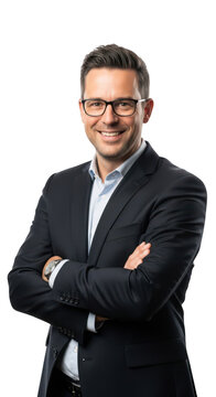 Smiling professional man with arms crossed posing formally isolated on transparent background,png,PNG