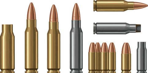 Rifle and Pistol Ammunition Cartridge Set Featuring Realistic Bullet Casings and Caliber Variations for Military, Ballistics, and Firearm Illustration © Sanjida