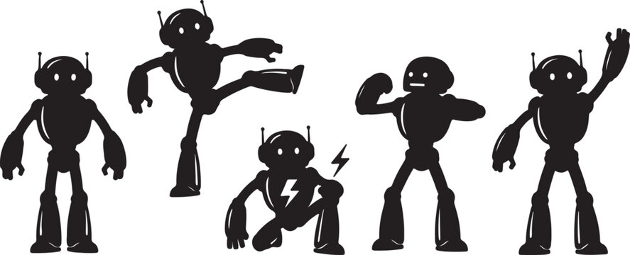 Six black silhouetted robots performing different poses and actions isolated on white background also transparent background