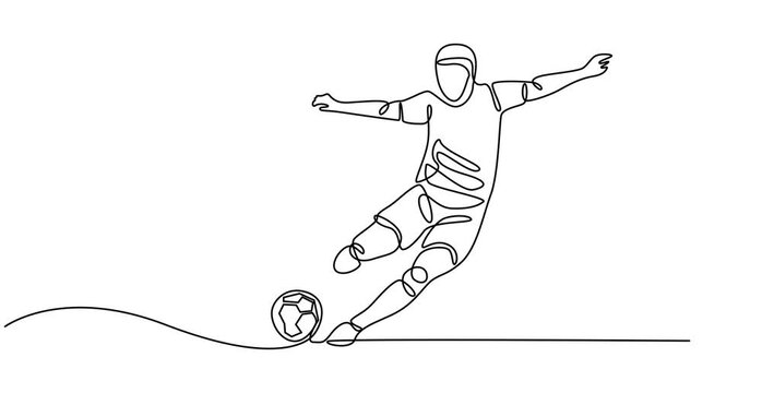 Animated self drawing of continuous line draw two football player and handshaking to show sportsmanship before starting the match. Respect in soccer sport concept. Full length one line animation.
