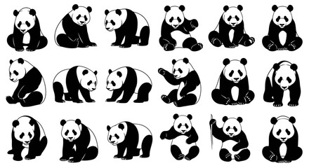 Collection of black and white panda bear illustrations in various poses on a plain white background for design use © Dipan
