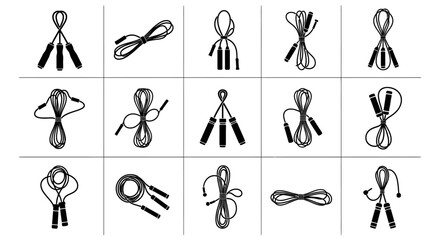 Collection of various jump rope designs and knots on white background for fitness and exercise concepts © Dipan