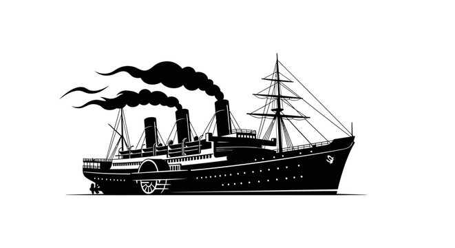 Vintage ocean liner ship sailing with smoke from chimneys on a plain white background