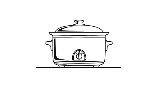 Line art illustration of a slow cooker or crock pot with a lid, kitchen appliance for cooking stews and soups, simple black and white drawing