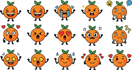 Naklejka premium Cute orange fruit mascot emoji set with different emotions expressions cartoon citrus character collection isolated on white background vector illustration