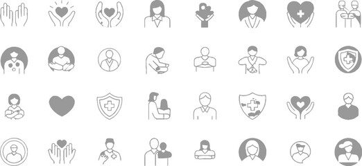 Obraz premium Collection of medical and care featuring hands hearts shields and people in various poses