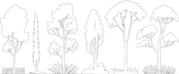 Fototapeta premium Six different trees and grass rendered in simple grey outline style foliage