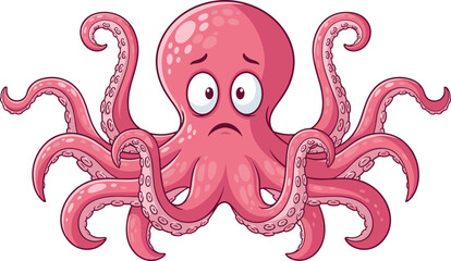 Cartoon pink octopus illustration with sad expression, marine animal artwork design, children educational concept, playful ocean character graphic, aquatic theme style © Galib