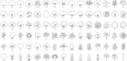 Collection of diverse stylized line trees and palm trees in rows palms foliage
