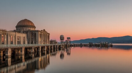 Fototapeta premium Vibrant photo of Industrial power plant architecture at sunset over calm water