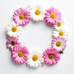 Floral Daisy Wreath on White Background for Beauty Wellness Concepts Spring Summer Freshness Pink and White Flowers.