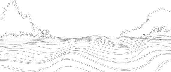 Stylized line of rolling hills and wavy water with grassy banks © ESIPOOS