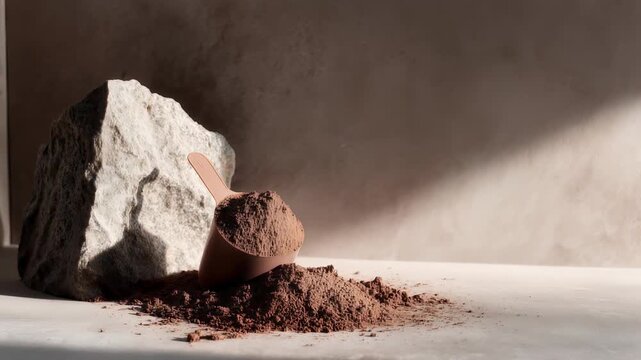Chocolate whey mass gainer protein supplement powder with scoop on a minimalist stone background, perfect for fitness and nutrition branding
