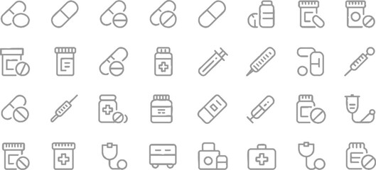 Collection of medical featuring pills syringes stethoscopes and medicine bottles in a clean outline style