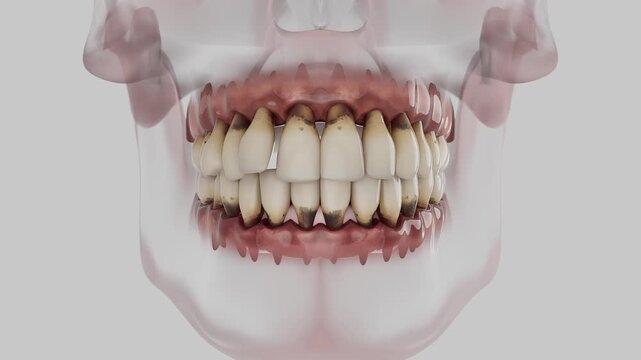 3d medical animation showing periodontal disease with severe gum infection, bone loss, and damaged teeth.