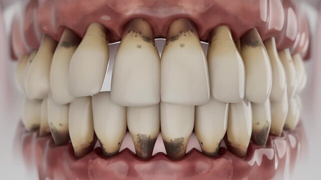 3d medical animation illustrating the advanced stage of gum disease where periodontitis causes gum recession, bone loss, and loose damaged teeth.