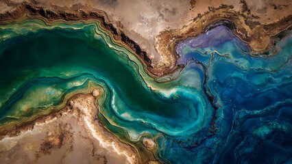 Naklejka premium Spectacular aerial view of geothermal energy in Iceland, with vibrant turquoise and deep blue waters, showcasing Yellowstone-like thermal and volcanic steam formations