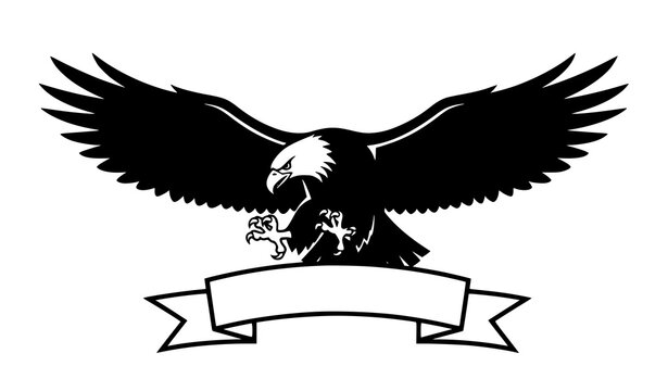 Flying eagle silhouette with spread wings and blank ribbon banner bold black bird emblem vector