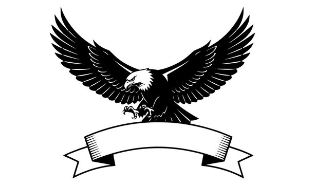 Majestic flying eagle silhouette with spread wings and blank ribbon banner black emblem vector