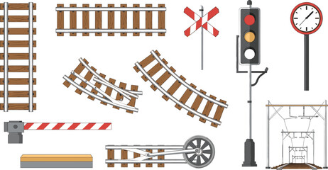 Railway Infrastructure Icon Set Featuring Train Tracks, Crossing Signal, Traffic Light, Barrier Gate, Station Clock, and Rail Equipment for Transport Design © Sanjida