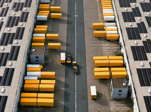 Aerial view of the rhythmic arrangement of yellow containers, juxtaposed against the stark grey of the solar panel-covered rooftops, reflects industrial precision, North Rhine-Westphalia, Germany.