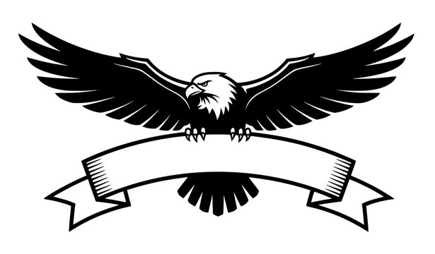 Bold eagle emblem with spread wings and ribbon banner black silhouette bird logo vector design