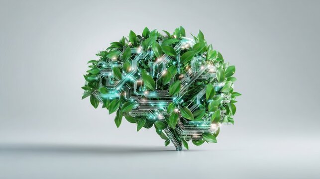 artificial intelligence brain shape formed from green leaves and glowing digital lines on light background, spring eco technology concept, fresh