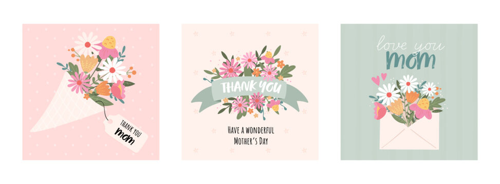 Lovely hand drawn Mother's Day designs, cute flowers and handwriting - great for cards, invitations, gifts, banners - vector designs