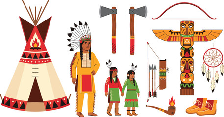 Native American Culture Icon Set Featuring Teepee Tent, Traditional Clothing, Totem Pole, Dreamcatcher, Tomahawk Axe, Bow and Arrows, and Tribal Symbols © Sanjida