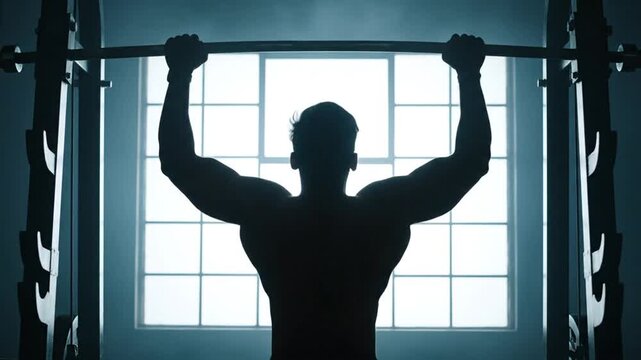 Silhouette of a muscular man performing a pull-up exercise in a gym against a bright window.