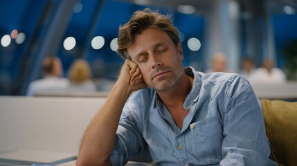 Obraz premium A business traveler struggles with jet lag while seated in an airport lounge, showcasing exhaustion amidst bustling travelers and luggage, emphasizing the impact of long-haul flights. cinematic