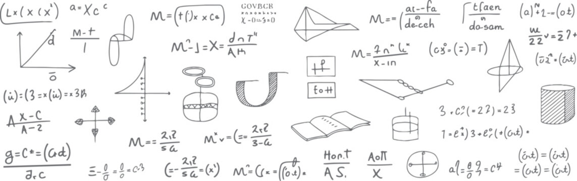 Hand drawn mathematical equations and geometric shapes on a white background mathematics formula 1 calculation