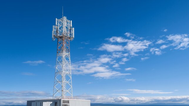 A detailed view of a rf antenna tower standing tall against a clear blue sky, showcasing the intricate design and construction, ideal for showcasing technology and telecommunications