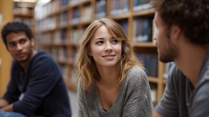Young adults engaged in a lively conversation within a softly lit library setting