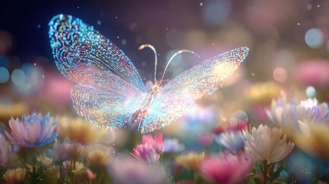 futuristic digital butterfly made of glowing data particles flying above blooming spring flowers, artificial intelligence and nature fusion concept