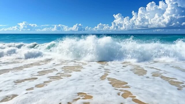 Beautiful turquoise ocean waves crashing on a sandy beach under a bright blue sky with f white clouds.