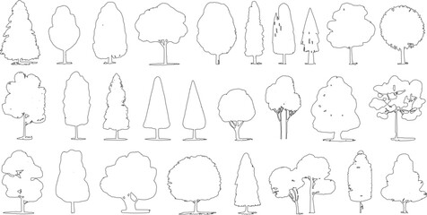 Collection of various deciduous and coniferous tree outlines in black and white silhouette © Pixel Park