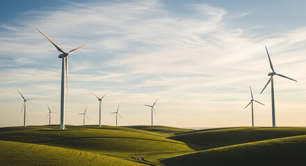 Wind turbines generating renewable electricity across rolling green hills landscape sustainable energy