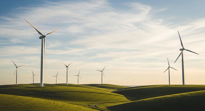 Wind turbines generating renewable electricity across rolling green hills landscape sustainable energy